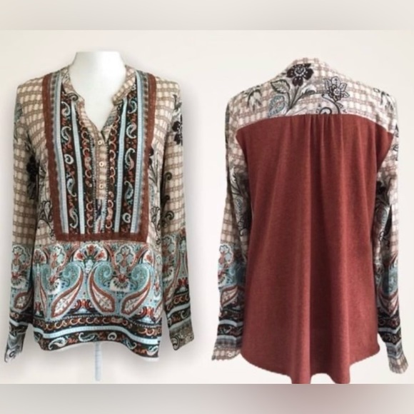 Mystree LS shirt LARGE with lace detail and paisley & brown print new no tags - Picture 1 of 7